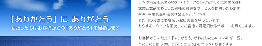 日本の貿易を支える物流パイオニアとして培ってきた実績を礎に、誠意と意欲をもってお客様に最適なサービスを提供いたします。冷凍・冷蔵食品の通関は全国トップレベル、また他の分野でも幅広い取扱実績を持っています。あらゆるノウハウを駆使してお客様に満足頂けるサポートを尽くします。お客様からいただく「ありがとう」がわたしたちのエネルギー源、わたしたちは心からの「ありがとう」を得るべく頑張ります。